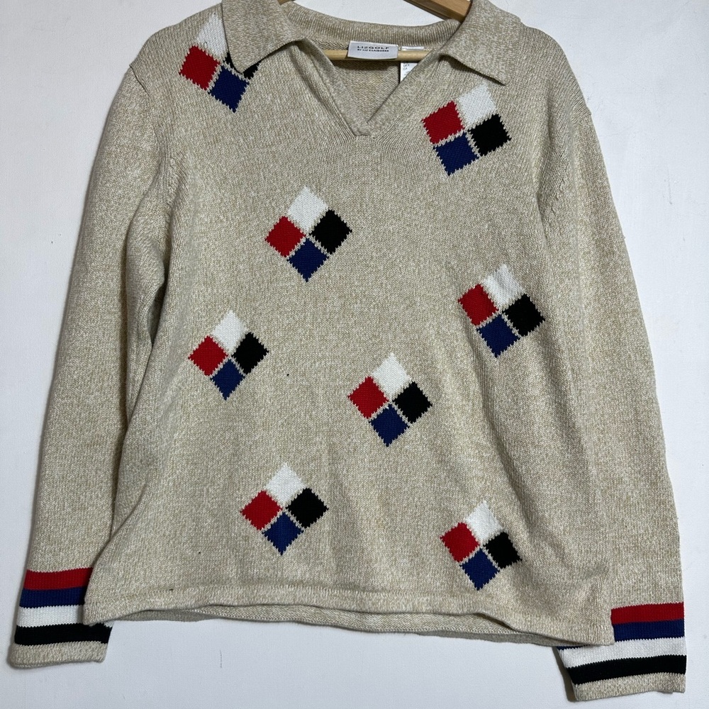 Vintage 1989s Liz Claiborne Golf Collared Sweater Argyle Knit 100% Cotton - Picture 4 of 6